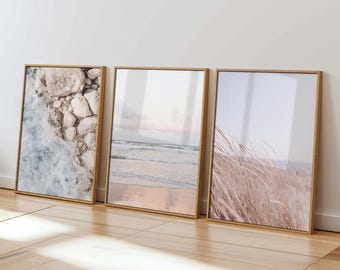 Coastal Wall Art Set of 3 Beach Prints, Neutral Beach Wall Art Set of 3 Ocean Wall Art Prints Downloadable Coastal Printable Art