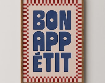 Impressão Bon Appetit: Arte de parede retrô para sala de jantar, decoração de cozinha vermelha e azul (impressão física)