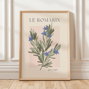 Rosemary Print Herb Wall Art: French Kitchen Decor, Botanical Dining Room Wall Art Pink & Green Poster (Digital Download)