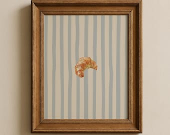 Estampa de Croissant: Arte de Parede Listrada para Cozinha, Pôster de Café da Manhã, Decoração Campestre Francesa em Azul e Branco (Impressão Física)