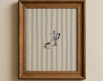 Arte de parede para cozinha com tema de café: pôster listrado em azul e branco, decoração para cozinha francesa, pôster para café da manhã (impressão física)