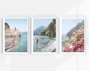 Stampe della Costiera Amalfitana, set di 3 stampe artistiche italiane, stampe murali blu di Atrani e Positano, stampe fotografiche italiane di Amalfi, decorazioni costiere