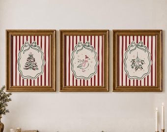 Striped Christmas Wall Art Set of 3: Red Christmas Printables, Cute Christmas Posters Modern Xmas Art (Digital Download)
