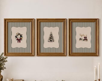 Traditional Christmas Wall Art Set of 3: Vintage Christmas Printables, Green Striped Christmas Posters (Digital Download)