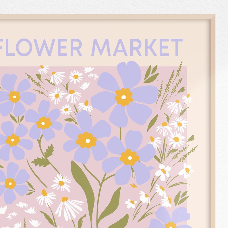 Spring Flower Printable Art, Flower Market Poster Aesthetic Decor, Vintage Floral Poster Pink Daisies Print, Pastel Wildflowers Print image 9
