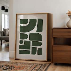 Moss Green Wall Art Geometric Shapes Printable Art, Green & White Abstract Art Print, Olive Green Organic Minimalist Poster Green Decor
