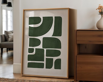 Moss Green Wall Art Geometric Shapes Printable Art, Green & White Abstract Art Print, Olive Green Organic Minimalist Poster Green Decor