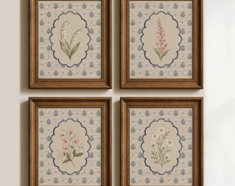 Vintage Botanical Prints Set of 4: Cottage Wall Art, Vintage Floral Art, Antique Blue Decor for Living Room (Physical Posters)
