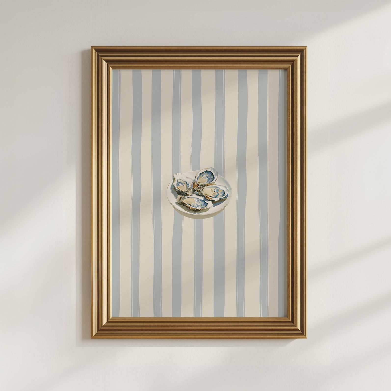 Oysters Printable Art Blue & White Oyster Shell Painting, Mediterranean Kitchen Decor Striped Summer Coastal Decor, Vintage Seafood Print