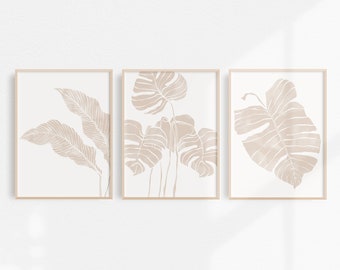 Botanische beige afdrukbare set van 3 neutrale muurkunst, tropische bladeren Palm Monstera print - beige en witte muurkunst Boho woonkamer decor