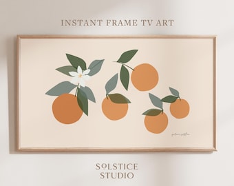 May include: A digital art print featuring a stylised illustration of a branch of orange blossoms with five oranges. The background is a light peach colour. The text "solana solfilio" is in the bottom right corner.