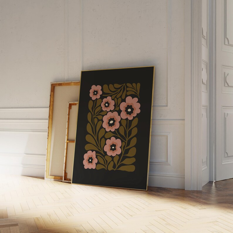 Set med 2 stämningsfulla väggkonstmotiv med grönt och svart blommönster, ekologiska folkblommor, utskrivbara abstrakta botaniska posters för mors dag-present bild 7