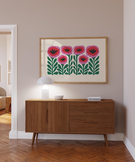 Colorful Poppies Printable Art: Horizontal Maximalist Wall Art, Christmas Gift for Mom Pink & Green Floral Poster, Colorful Art Prints