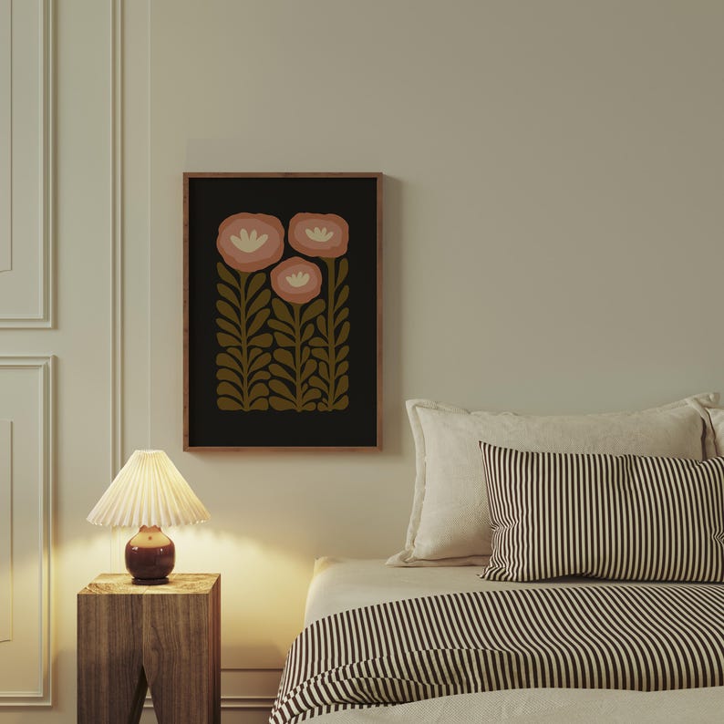 Moody Wall Art Green & Black Floral Print, Scandinavian Folk Printable