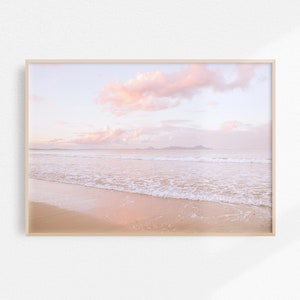 Verträumter Ozean-Druck-Rosa-Sonnenuntergang-Strand-Wandkunst, Pastell Boho-Strand-Dekor-Strand druckbare Kunst, über Bett-Wand-Kunst-Küstenwand-Kunstdruck