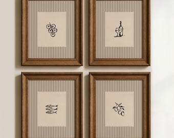 Set di 4 stampe di cucina in stile cottage: arte murale vintage, illustrazioni di cibo in bianco e nero, stampe neutre per sala da pranzo (download digitale)