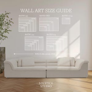 May include: A wall art size guide with various aspect ratios and dimensions in inches. The guide includes ratios like 4:5, ISO, 11x14, 3:4, and 2:3. A beige sofa is below the guide, with the text "SOFA IS 118in (300cm) WIDE". The Solstice Studio logo is at the bottom.