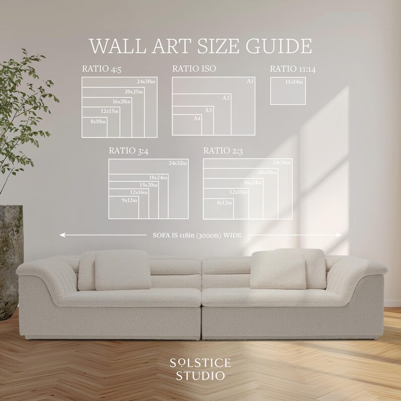 May include: A wall art size guide with various aspect ratios and dimensions in inches. The guide includes ratios like 4:5, ISO, 11x14, 3:4, and 2:3. A beige sofa is below the guide, with the text "SOFA IS 118in (300cm) WIDE". The Solstice Studio logo is at the bottom.