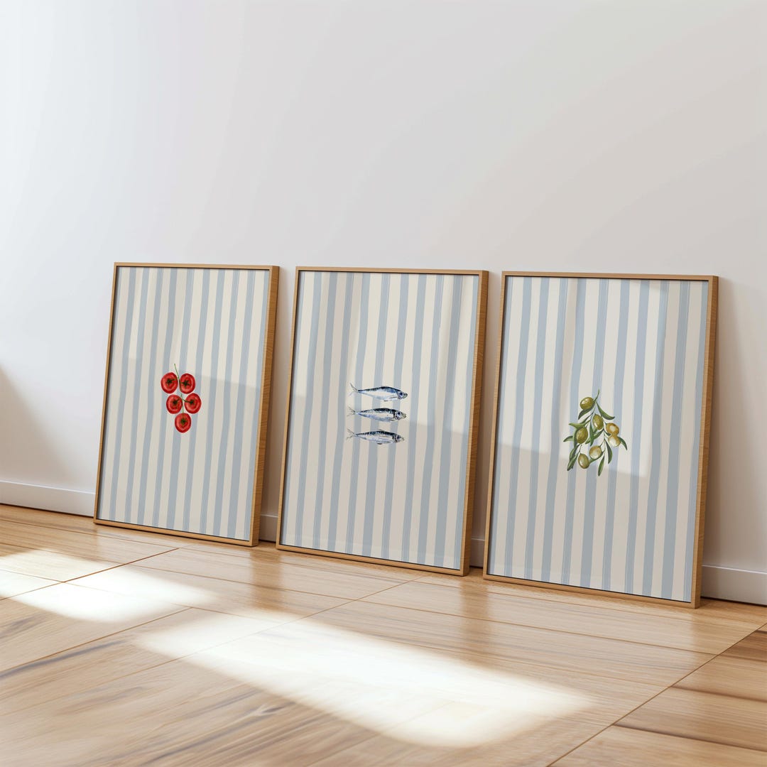 set of three mediterranean kitchen prints | framed... Food Prints for Kitchen: Set of 3 Sardines Painting, Olives Poster ...