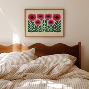 Colorful Poppy Print: Maximalist Wall Art, Dopamine Decor, Pink & Green Flower Poster, Large Horizontal Wall Art (Digital Download) image 2