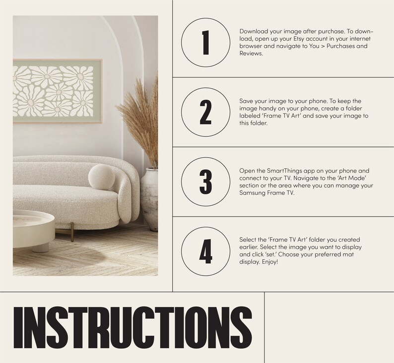 May include: Instructions for setting up a Samsung Frame TV with a digital art image. The steps include downloading the image, saving it to a folder, connecting to the TV, and selecting the image to display.