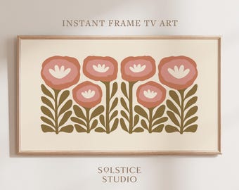 Green & Pink Floral Art for Samsung Frame TV Poppies Print, Abstract Flower Wall Art Botanical Art Mid Century Modern Boho Folk Floral Art