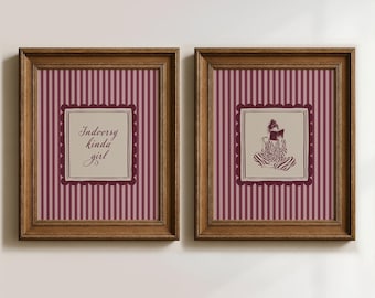 Girly Wall Art Set of 2 Prints: Pink Bedroom Wall Art, Burgundy Posters, Cosy Bookish Wall Art (Physical Prints)