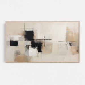 May include: Abstract painting with geometric shapes in black, white, and beige tones. The painting is framed in a light wood frame.