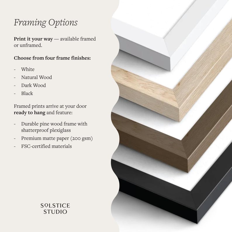 May include: Image showcasing framing options for prints, featuring four frame finishes: white, natural wood, dark wood, and black. Text details durable pine wood frames with shatterproof plexiglass and premium matte paper. The Solstice Studio logo is at the bottom.