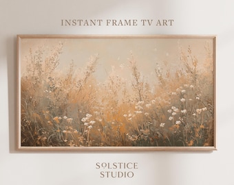 May include: A framed print of a painting depicting a field of wildflowers in shades of green, brown, and white. The painting has a soft, dreamy feel and is perfect for adding a touch of nature to any room.