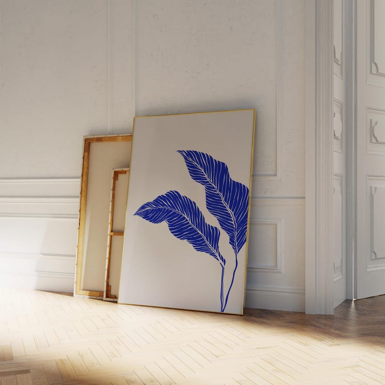 Cobalt Blue Wall Art Botanical Posters, Blue Abstract Leaves Print Set ...