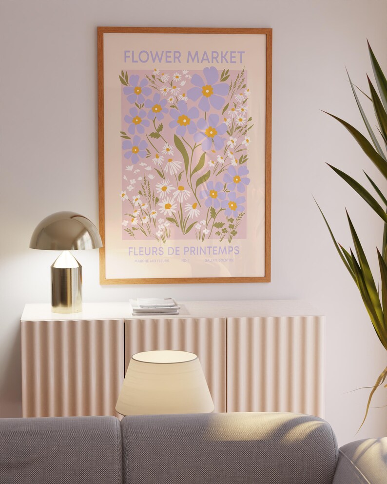 Spring Flower Printable Art, Flower Market Poster Aesthetic Decor, Vintage Floral Poster Pink Daisies Print, Pastel Wildflowers Print image 2