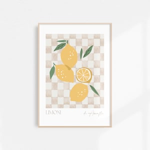 Lemon Printable Art Kitchen Wall Art, Lemon Poster Fruit Market Print, Checker Kitchen Decor Watercolor Fruit Print, Neutral Kitchen Decor image 4