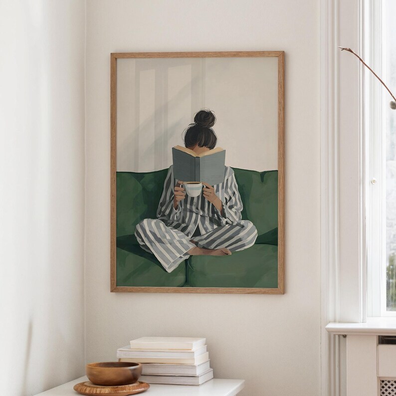 Bookish Wall Art: Woman Reading Print, Green Physical Print for Bedroom, Book Lover Wall Art image 11