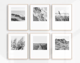 Set of 6 Black and White Prints Gallery Wall, Beach Prints Gallery Wall, Square Black & White Nature Prints Landscape Wall Art Download