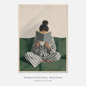 Bookish Wall Art: Woman Reading Print, Green Physical Print for Bedroom, Book Lover Wall Art Premium Matte Paper Wooden Framed Poster - Wood frame