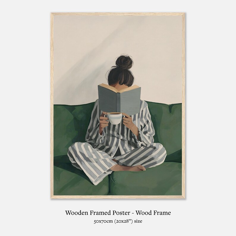 Bookish Wall Art: Woman Reading Print, Green Physical Print for Bedroom, Book Lover Wall Art Premium Matte Paper Wooden Framed Poster - Wood frame