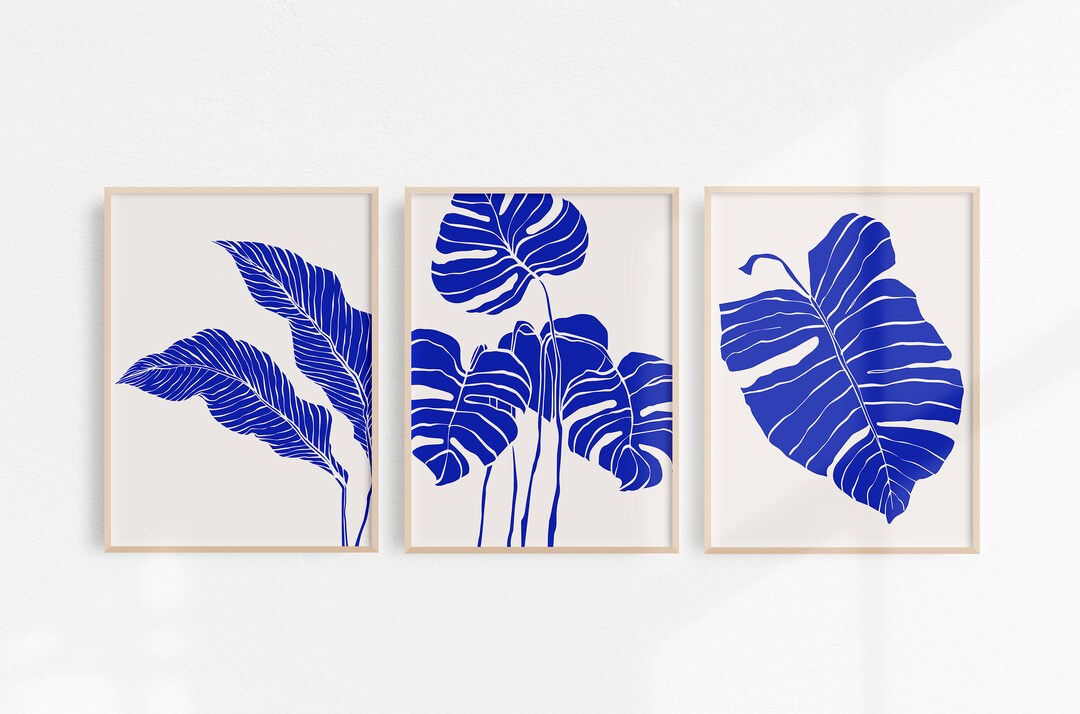 Botanical Posters Blue Abstract Print Set of 3 Cobalt Blue Wall Art ...