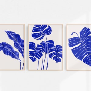 Cobalt Blue Wall Art Botanical Posters, Blue Abstract Leaves Print Set ...