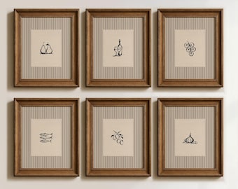 Set di 6 stampe vintage per cucina: decorazioni murali in stile cottage, illustrazioni di cibo in bianco e nero, stampe a righe per sala da pranzo (download digitale)
