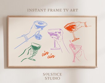 Peut inclure: Une illustration numérique de cinq mains tenant des verres de cocktails. Les verres sont de différentes couleurs, notamment rouge, orange, vert, bleu et violet. Le texte "cin cin" est écrit au centre de l'image.