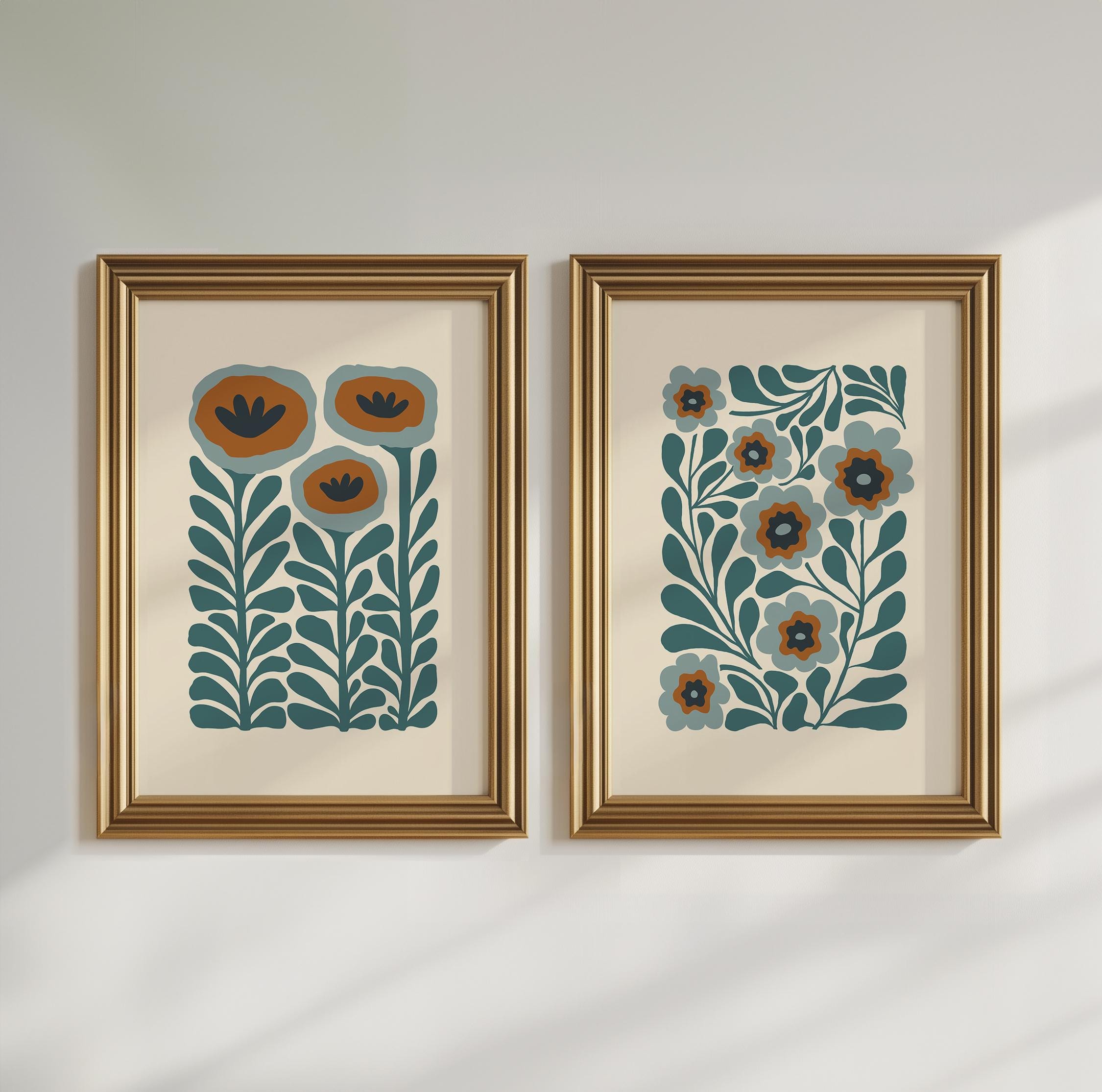 Teal Wall Art Flower Print Set of 2 Large Floral Poster, Abstract ...