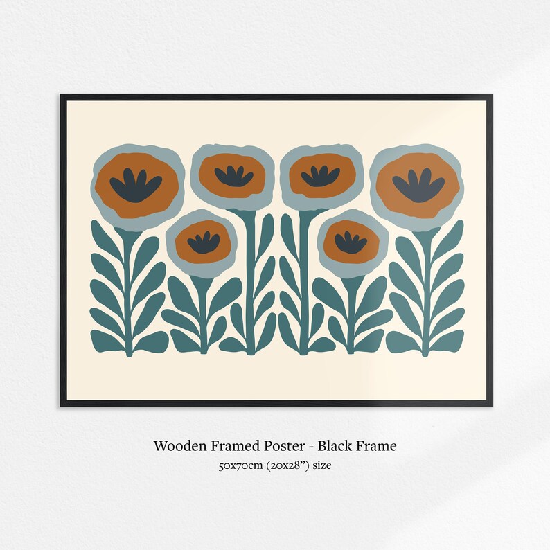 Teal Horizontal Wall Art, Turquoise Boho Art, Large Floral Print, Teal Wall Art, Scandinavian Wall Art (Physical Print) Premium Matte Paper Wooden Framed Poster - Black frame