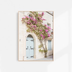Malta Print Pastel Wall Art Blue and White Printable Art, Santorini Greece Print DIY Wall Art, Pink Flowers & Blue Door Downloadable Print