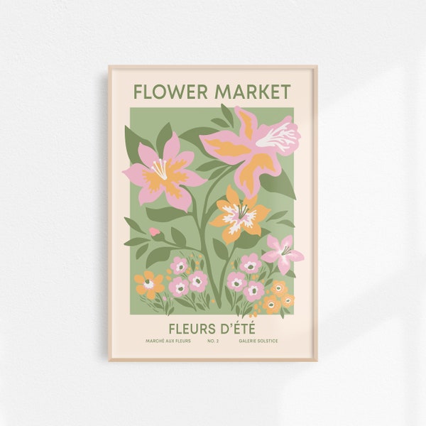 Summer Flower Market Poster | Dorm Decor Pastel Print Botanical Poster | Vanilla Girl Aesthetic Flower Poster | Green Pink Bedroom Wall Art