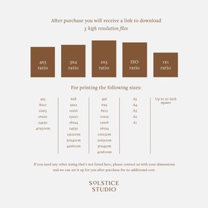 May include: A digital art print size guide with text. The guide lists various print ratios and sizes, including 4x5, 3x4, 2x3, and ISO ratios. It also specifies sizes in inches and centimeters, such as 8x10, 12x15, and 40x50cm. The text includes the studio's name.