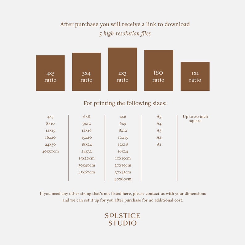 May include: A digital art print size guide with text. The guide lists various print ratios and sizes, including 4x5, 3x4, 2x3, and ISO ratios. It also specifies sizes in inches and centimeters, such as 8x10, 12x15, and 40x50cm. The text includes the studio's name.