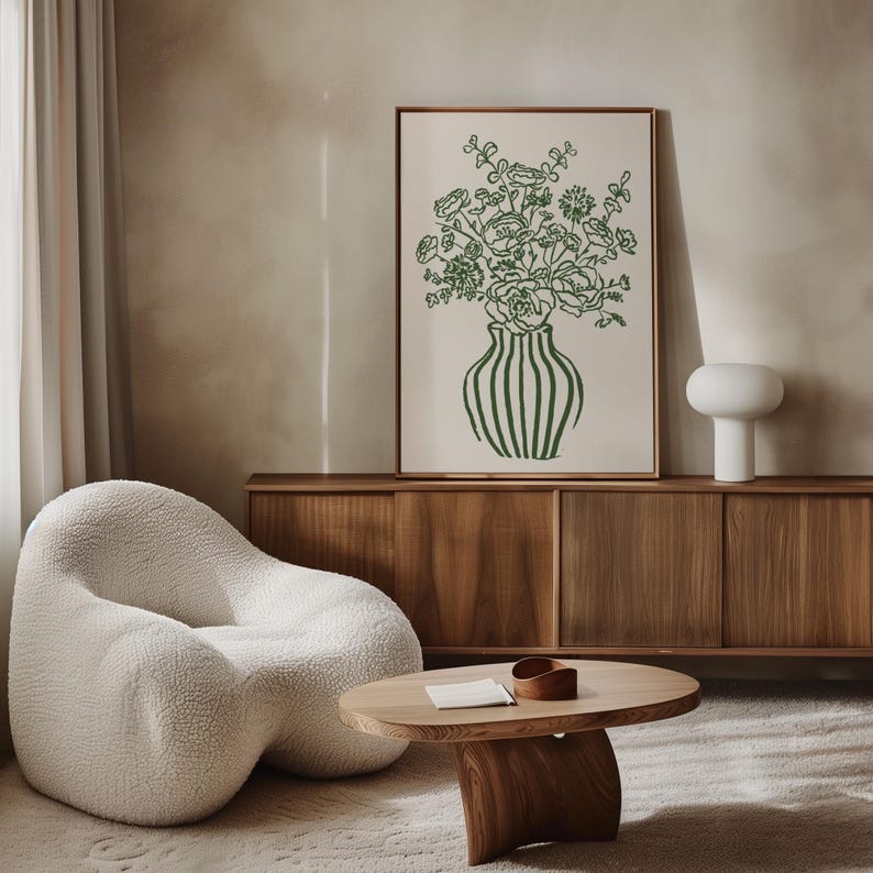 Green Floral Physical Print Trendy Vase Poster, Retro Stripe Vase Print