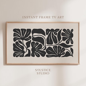 Marco de TV Samsung con arte japonés, arte botánico negro y beige, arte digital floral, impresión nórdica moderna, arte de pared bohemio neutro, abstracto, floral oscuro