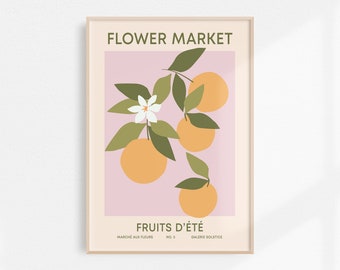 Fruit Market Print Oranges Printable Wall Art | Pink Green Flower Market Printable | Danish Pastel Poster | Abstract Fruit Art Print